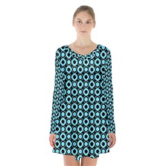 Mazipoodles Blue Donuts Polka Dot Long Sleeve Velvet V-neck Dress