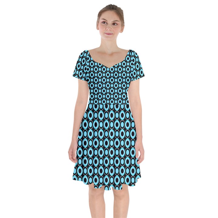 Mazipoodles Blue Donuts Polka Dot Short Sleeve Bardot Dress