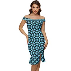 Mazipoodles Blue Donuts Polka Dot Off Shoulder Ruffle Split Hem Bodycon Dress by Mazipoodles