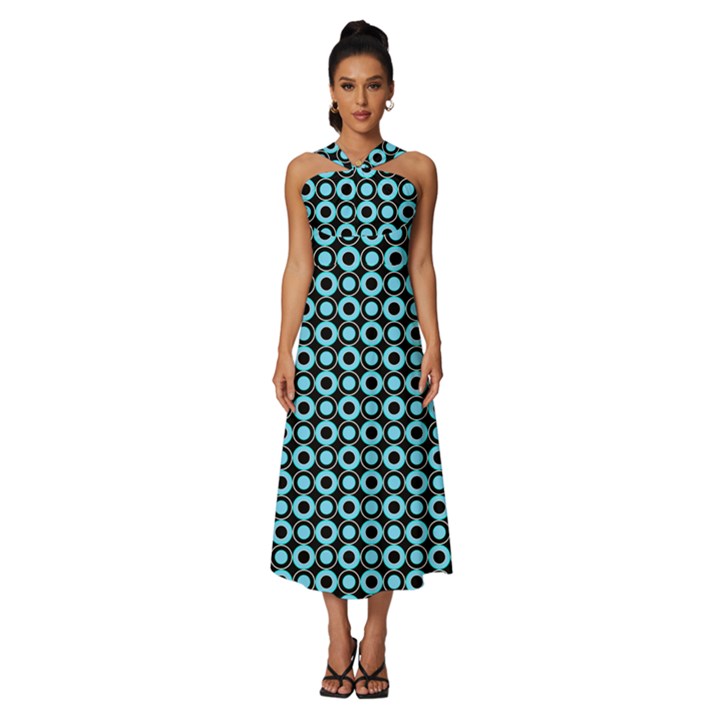 Mazipoodles Blue Donuts Polka Dot Sleeveless Cross Front Cocktail Midi Chiffon Dress