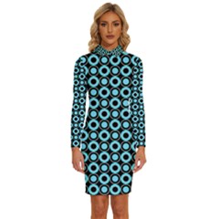 Mazipoodles Blue Donuts Polka Dot Long Sleeve Shirt Collar Bodycon Dress by Mazipoodles