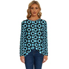 Mazipoodles Blue Donuts Polka Dot Long Sleeve Crew Neck Pullover Top by Mazipoodles