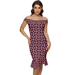 Mazipoodles Red Donuts Polka Dot  Off Shoulder Ruffle Split Hem Bodycon Dress by Mazipoodles