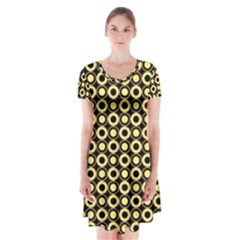  Mazipoodles Yellow Donuts Polka Dot Short Sleeve V-neck Flare Dress by Mazipoodles