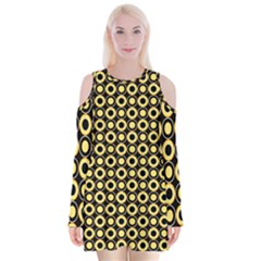  Mazipoodles Yellow Donuts Polka Dot Velvet Long Sleeve Shoulder Cutout Dress