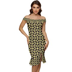  Mazipoodles Yellow Donuts Polka Dot Off Shoulder Ruffle Split Hem Bodycon Dress by Mazipoodles