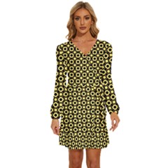  Mazipoodles Yellow Donuts Polka Dot Long Sleeve Waist Tie Ruffle Velvet Dress by Mazipoodles