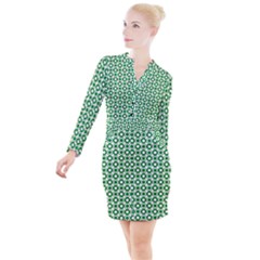 Mazipoodles Green White Donuts Polka Dot  Button Long Sleeve Dress by Mazipoodles