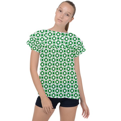 Mazipoodles Green White Donuts Polka Dot  Ruffle Collar Chiffon Blouse by Mazipoodles