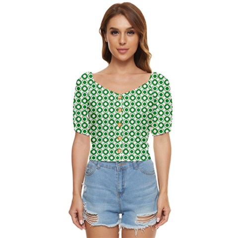 Mazipoodles Green White Donuts Polka Dot  Button Up Blouse by Mazipoodles