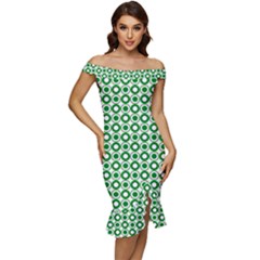 Mazipoodles Green White Donuts Polka Dot  Off Shoulder Ruffle Split Hem Bodycon Dress by Mazipoodles