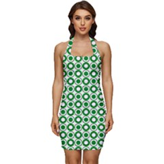 Mazipoodles Green White Donuts Polka Dot  Sleeveless Wide Square Neckline Ruched Bodycon Dress by Mazipoodles