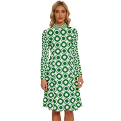 Mazipoodles Green White Donuts Polka Dot  Long Sleeve Shirt Collar A-line Dress by Mazipoodles