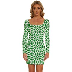 Mazipoodles Green White Donuts Polka Dot  Long Sleeve Square Neck Bodycon Velvet Dress by Mazipoodles