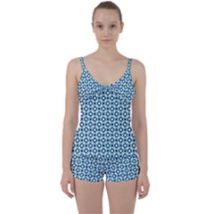 Mazipoodles Dusty Duck Egg Blue White Donuts Polka Dot Tie Front Two Piece Tankini by Mazipoodles