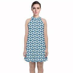 Mazipoodles Dusty Duck Egg Blue White Donuts Polka Dot Velvet Halter Neckline Dress  by Mazipoodles