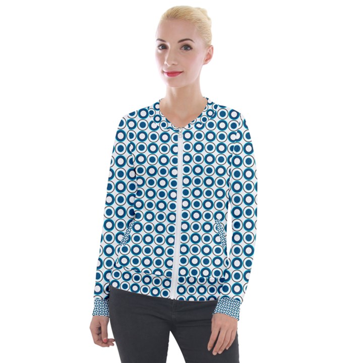 Mazipoodles Dusty Duck Egg Blue White Donuts Polka Dot Velvet Zip Up Jacket