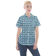 Mazipoodles Dusty Duck Egg Blue White Donuts Polka Dot Women s Short Sleeve Pocket Shirt