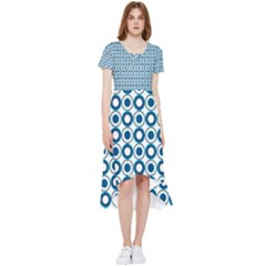 Mazipoodles Dusty Duck Egg Blue White Donuts Polka Dot High Low Boho Dress by Mazipoodles