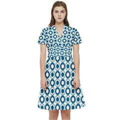 Mazipoodles Dusty Duck Egg Blue White Donuts Polka Dot Short Sleeve Waist Detail Dress by Mazipoodles