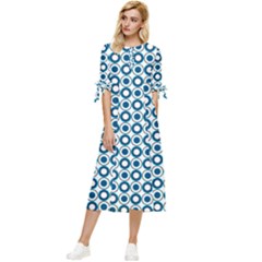 Mazipoodles Dusty Duck Egg Blue White Donuts Polka Dot Bow Sleeve Chiffon Midi Dress by Mazipoodles