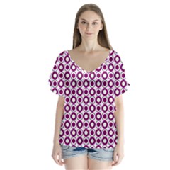 Mazipoodles Magenta White Donuts Polka Dot V-neck Flutter Sleeve Top by Mazipoodles