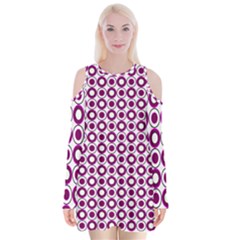 Mazipoodles Magenta White Donuts Polka Dot Velvet Long Sleeve Shoulder Cutout Dress