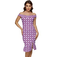 Mazipoodles Magenta White Donuts Polka Dot Off Shoulder Ruffle Split Hem Bodycon Dress by Mazipoodles