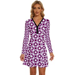 Mazipoodles Magenta White Donuts Polka Dot Long Sleeve Deep V Mini Dress  by Mazipoodles