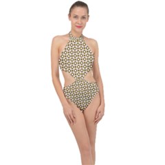 Mazipoodles Olive White Donuts Polka Dot Halter Side Cut Swimsuit by Mazipoodles