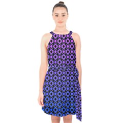 Mazipoodles Purple Pink Gradient Donuts Polka Dot Halter Collar Waist Tie Chiffon Dress by Mazipoodles