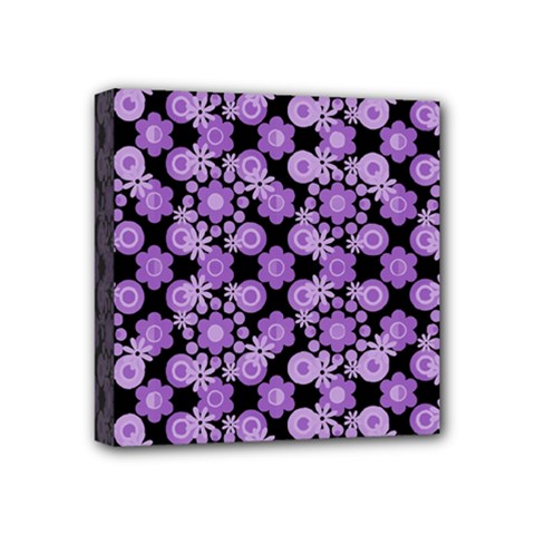 Bitesize Flowers Pearls And Donuts Lilac Black Mini Canvas 4  X 4  (stretched) by Mazipoodles