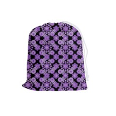 Bitesize Flowers Pearls And Donuts Lilac Black Drawstring Pouch (large) by Mazipoodles