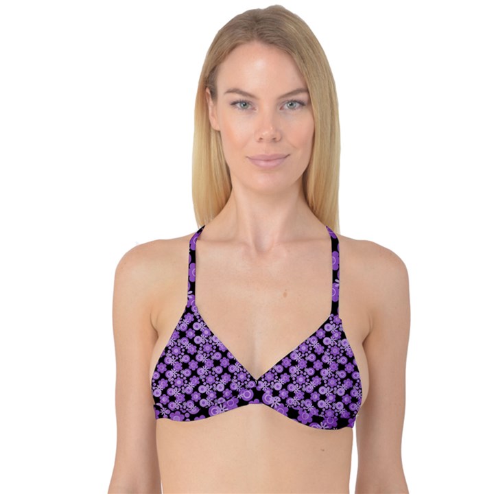 Bitesize Flowers Pearls And Donuts Lilac Black Reversible Tri Bikini Top