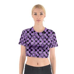 Bitesize Flowers Pearls And Donuts Lilac Black Cotton Crop Top by Mazipoodles