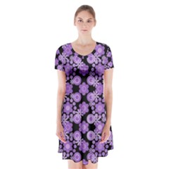 Bitesize Flowers Pearls And Donuts Lilac Black Short Sleeve V-neck Flare Dress by Mazipoodles