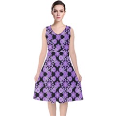 Bitesize Flowers Pearls And Donuts Lilac Black V-neck Midi Sleeveless Dress  by Mazipoodles