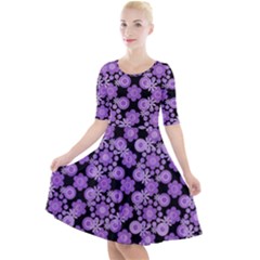 Bitesize Flowers Pearls And Donuts Lilac Black Quarter Sleeve A-line Dress by Mazipoodles