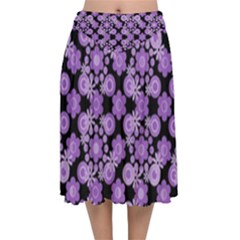 Bitesize Flowers Pearls And Donuts Lilac Black Velvet Flared Midi Skirt