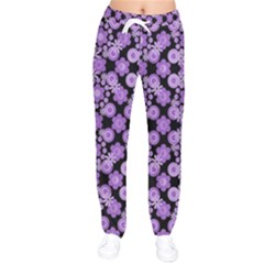 Bitesize Flowers Pearls And Donuts Lilac Black Women Velvet Drawstring Pants