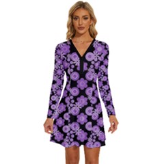 Bitesize Flowers Pearls And Donuts Lilac Black Long Sleeve Deep V Mini Dress  by Mazipoodles