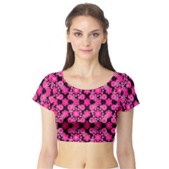 Bitesize Flowers Pearls And Donuts Fuchsia Black Short Sleeve Crop Top by Mazipoodles