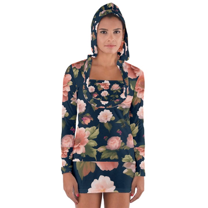 Wallpaper-with-floral-pattern-green-leaf Long Sleeve Hooded T-shirt