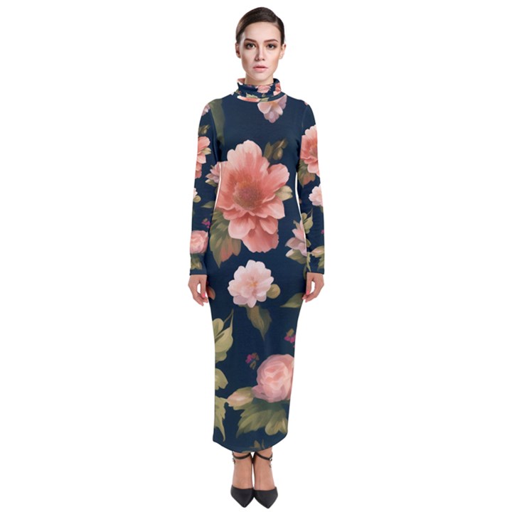 Wallpaper-with-floral-pattern-green-leaf Turtleneck Maxi Dress