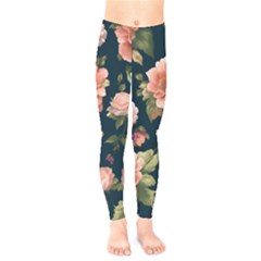 Wallpaper-with-floral-pattern-green-leaf Kids  Leggings by designsbymallika