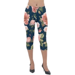 Wallpaper-with-floral-pattern-green-leaf Lightweight Velour Capri Leggings  by designsbymallika