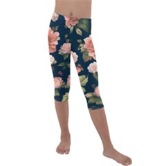 Wallpaper-with-floral-pattern-green-leaf Kids  Lightweight Velour Capri Leggings  by designsbymallika