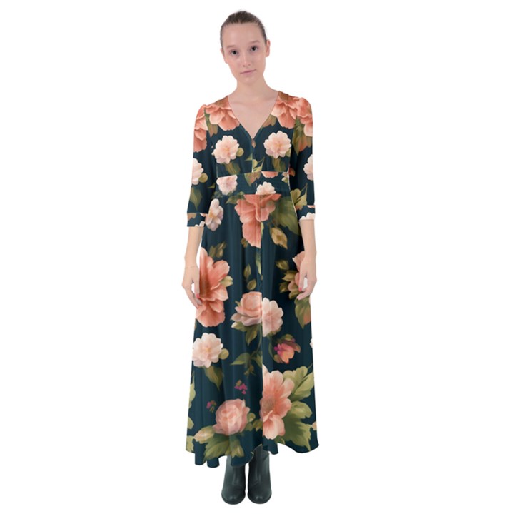 Wallpaper-with-floral-pattern-green-leaf Button Up Maxi Dress