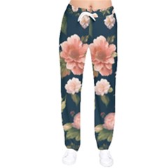 Wallpaper-with-floral-pattern-green-leaf Women Velvet Drawstring Pants