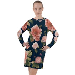 Wallpaper-with-floral-pattern-green-leaf Long Sleeve Hoodie Dress